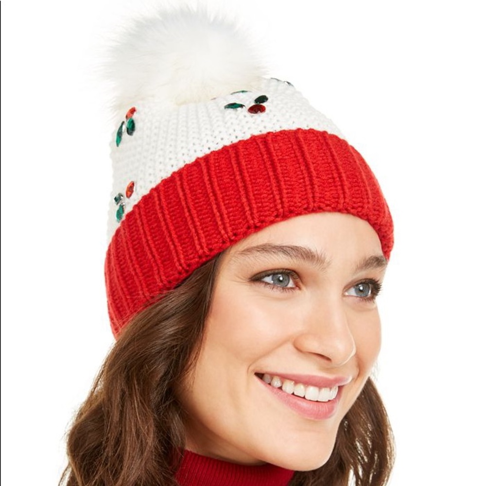 Charter Club Holly Leaves Beanie with Faux White